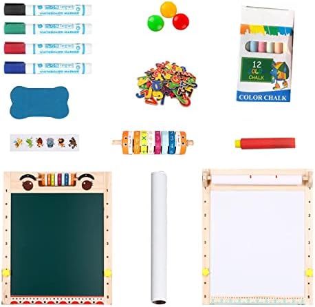 Kids Easel with Paper Roll Double-Sided Whiteboard & Chalkboard Wooden Art Easel Height Adjustable Standing Easel with Bead Magnetic Numbers Alphabet Animal Accessories for Toddlers Boys Girls