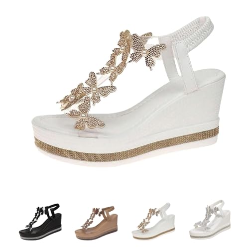 Women's High Heel Wedge Sandals Platform Fashionable Butterfly Transparent Elastic Strap Sandals Thick Soled (Gold,25.5 cm) [���s�A