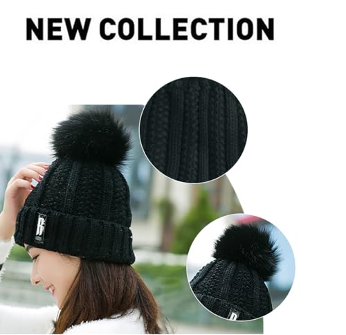 Image of SYGA Winter Beanie Hat for Women Warm Thick Cotton Lining Knit Bobble Pom Pom Skull Cap Fleece Lined Warm Cap Outdoor Sports Hat for Ladies Women Girl Free Size