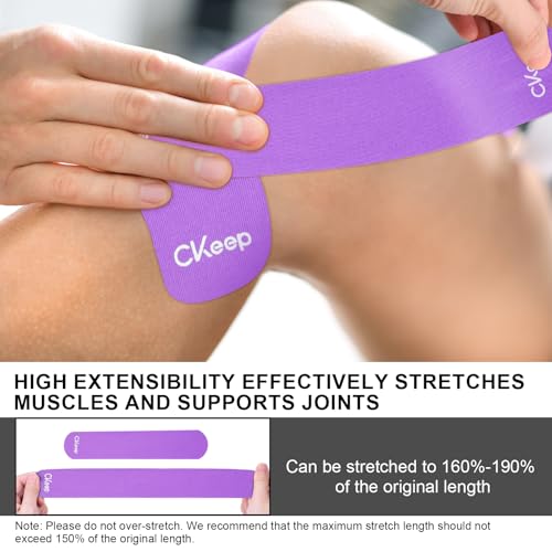 Image of CKeep Kinesiology Tape, 2 Rolls 2 Inch Wide Elastic Precut Strips, Purple | Cotton Latex Free Hypoallergenic Breathable Athletic Tape, Sticky & Waterproof Kinetic Tape for Joint Support Injury & Sprain