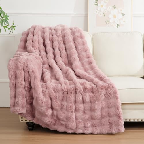 Image of Enyhom Faux Rabbit Fur Throw Blanket, 127 x 152 cm Double Bubble Cozy Bed Throw Soft Plush Fluffy Blanket Warm Thick Fur Throws for Bedroom Couch Sofa Home Decor, Pink