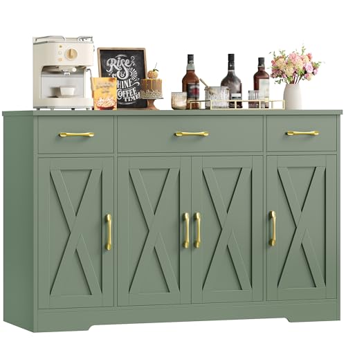 Image of HOCSOK Sideboard, 140cm Sideboard Storage Cabinet with 4 Barn Doors & 3 Drawers, Large Kitchen Cabinet with Adjustable Shelves, Cupboard for Living Room, Dining Room, Green 140x81x38.6 cm