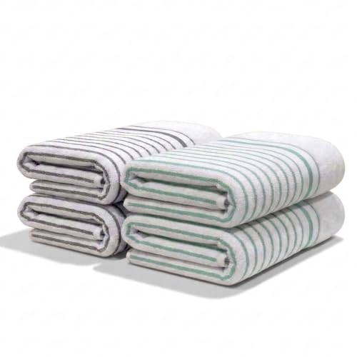 Image of Athom Living Premium Hand Towels- Cotton, 400 GSM, Ultra Soft, Quick Dry, Highly Absorbent | for Hand, Kitchen and Gym | 60 * 40 cm, Pack of 4 (White with Sea Green & Grey Stripes)