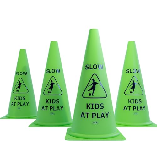 Vibrant Green 'Kids at Play' Safety Cone - 4ct, 15in Tall Durable & Fun Child Safety Solution for Driveways, Streets, Schools, and Parks