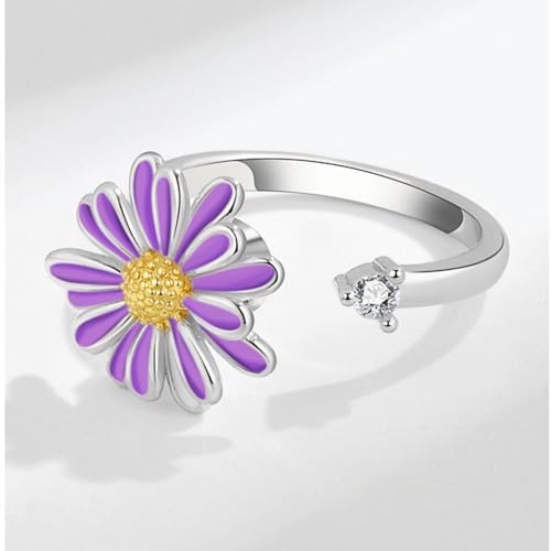 OIDIMS Purple Daisy Fidget Ring Unique Crystal CZ Wrap Finger Spinner Rings Sunflower Adjustable Open Wedding Band Stackable Rotating Calming Worry Anxiety Stress Relief Rotating Jewelry for ADHD4