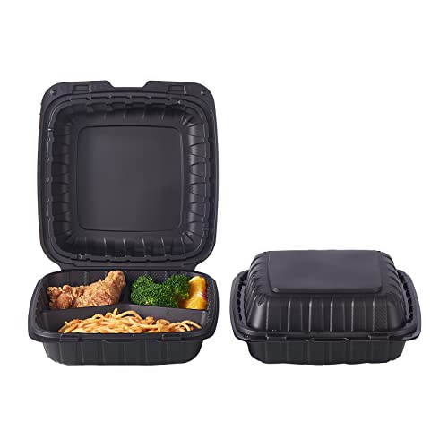 Fuling [8X8-Inch, 50 Pieces, 3-Compartment Disposable To Go Box Containers, Plastic Clamshell Takeout Food Trays, Microwave Safe, Cut Resistantstable Hinged Lid, Hybrid Polypropylene, Black #TOP2
