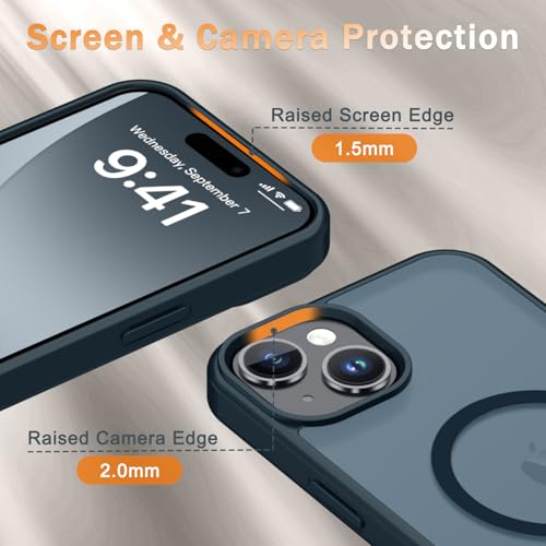 Image of for iPhone 15 Plus Case, iPhone 14 Plus Case, Matte Magnetic Phone Cover with 1 Screen Protector [Support for MagSafe] [Shockproof Military Grade Protection] Translucent Frosted Back, Navy Blue