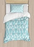 Ambesonne Rustic Duvet Cover Sets, Rural Meadow Field Yard Wildflowers Farmhouse Style Cottage Countryside Garden, Bedding Set with 2 Duvet Covers & 4 Pillowcases, 2 Pack Queen Size, Pale Blue White