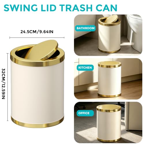 Image of 2.3 Gal /2.6 Gal Metal Shake Lid Trash Can, Double Bucket for Bathroom, Living Room, Kitchen, Office (White lid - 15L)