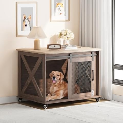 TROPOW 37" Dog Crate Furniture with Flip Top, Dog Kennel Indoor with Sliding Barn Door, Wheels and Removable Divider, Wooden Dog Cage Furniture for Medium Dogs, Large Corner Dog Crate Table, Brown Cover
