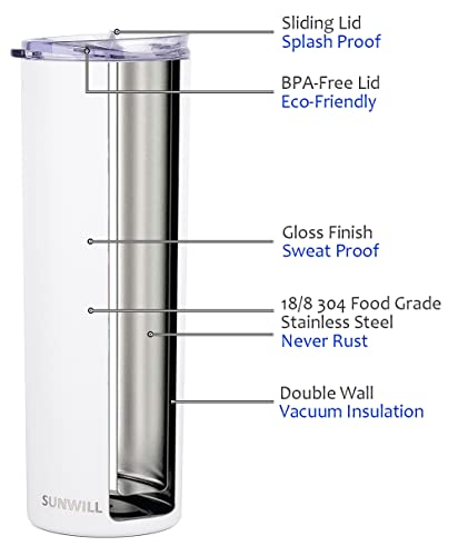 Sunwill Straw Tumbler Skinny Travel Tumbler With Lid, Vacuum Insulated Double Wall Stainless Steel 20Oz For Coffee, Tea, Beverages, White #TOP1