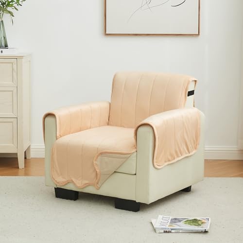 Image of Great Bay Home Velvet Chair Cover - Washable Slipcover Furniture Protector with Elastic Straps - Furniture Cover for Dogs, Kids, and Pets - Stitched Detail (Peach)