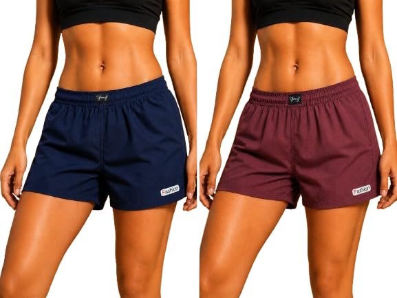 Women's High-Waisted Athletic Shorts Quick-Dry Workout Gym Shorts Comfort Lounge Boxer Shorts for Yoga & Training Blue & Maroon 2-Pack-picture-18