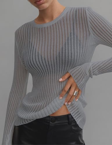 Image of KAMISSY Women See Through Crew Neck Sheer Mesh Knitted Sweater Solid Basic Long Sleeve Loose Fit Knit Pullover Jumper Top