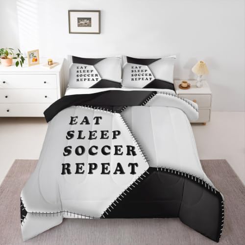 Image of Feelyou Soccer Comforter Set Queen Size Football Bedding Set for Kids Boys Girls Eat Sleep Sports Theme Duvet Quilt Bedroom Decor Microfiber 3 Pcs with 2 Pillow Cases