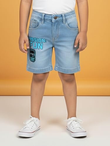 Image of KiddoPanti Boys Knee-Length Denim Shorts | Stretchable Cotton Poly Denim | Comfortable Fit with Button Elasticated Waistband & Zip Fly