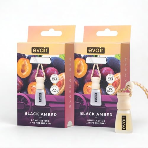 Evair Car Air Freshener | Hanging Air Freshener Car Diffuser | Long Lasting Scents made with Essential Oil | Alcohol Free (Black Amber)