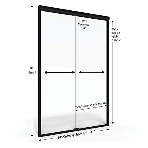 Basco Infinity Semi-Frameless Sliding Shower Door, Fits 43-47 inch Opening, AquaGlideXP Clear Glass, Matte Black Finish