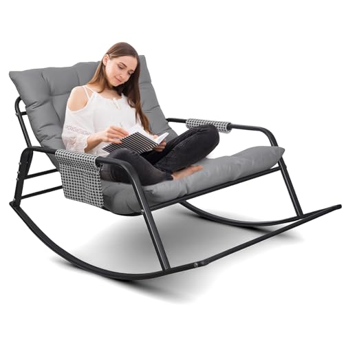 Plasaig Silla Mecedora, Carga 150 kg, Sillon Mecedora Salon Extra Grande con Cojín Acolchado, Rocking Chair Marco de Metal, Sillón Relax para Adulto Salón, Dormitorio, Interior y Exterior (Gris)