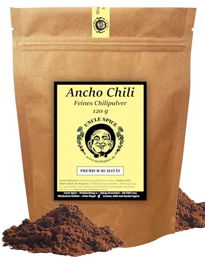 UNCLE SPICE® ANCHO Chilipulver 120g - Ancho Chilischoten fein gemahlen - Poblano Chili - mild fruchtig-herbes Chili-Pulver in PREMIUM-QUALITÄT - 1500 Scoville - leicht SCHARF
