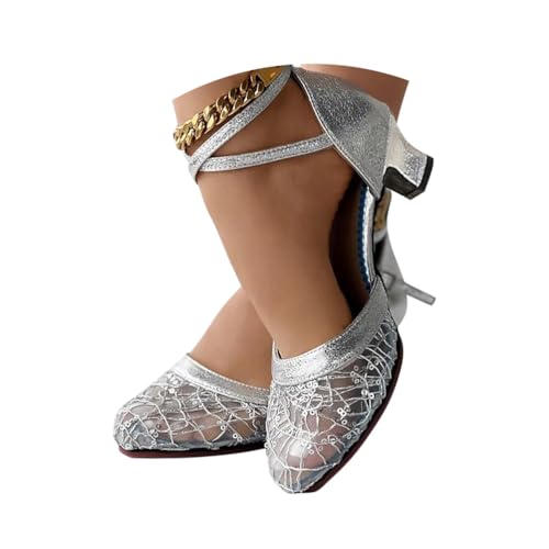 Minetom Latein Tanzschuhe Für Damen Pailletten Professionelle Ballsaal Party Salsa Tanzübung Geschlossen Performance Schuhe Abend Pumps B Silber 3.5 cm 38 EU