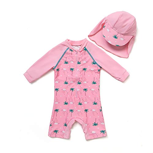 BONVERANO Baby Girls Sunsuit UPF 50+ Sun Protection Long Sleeve One Piece Swimsuit with Zipper (Pink Coco, 9-12 Months)