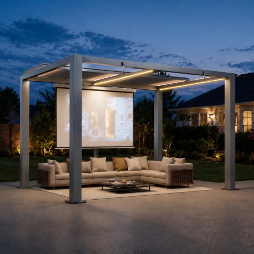 Aoxun Motorized Louvered Pergola 9' x 12' with LED Strips & Power Strip