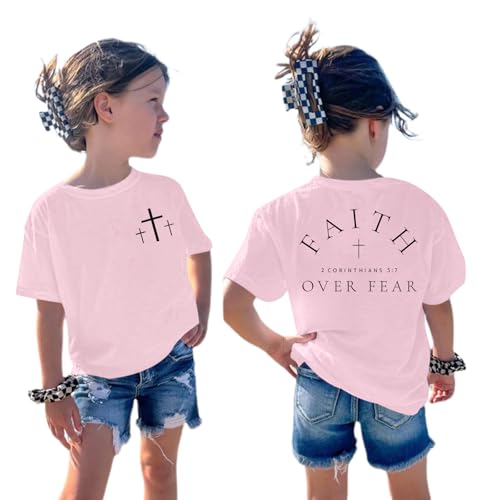 Image of Girl's Faith Over Fear Shirt Christian Bible Verse Shirts Cross Graphic Tees for Tween Girls Kid Inspirational Tops