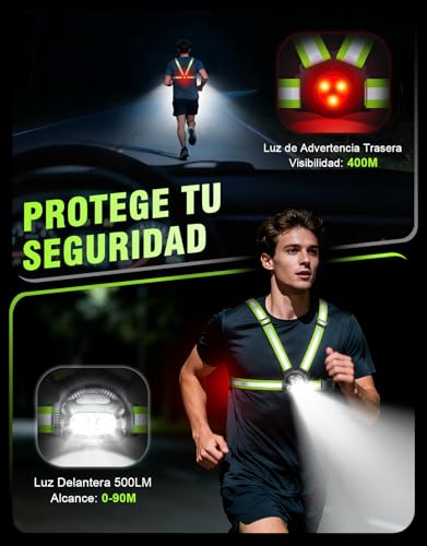 Mohard Luz Running con Luz Trasera, 500LM Recargable, Luz para Correr de Noche con 9 Modos & Haz Ajustable de 45°, Impermeable IPX4, Chaleco Reflectante 360° para Caminatas Nocturnas/Trote/Senderismo - imagen 2