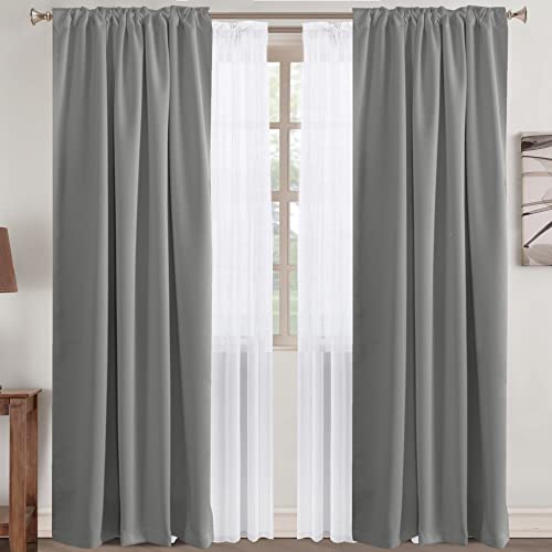 Turquoize Dove Gray Curtains Back Tab Blackout Curtains for Livingroom Bundle Pure White Linen Sheer Curtains 52W X 96L Inches, 2 Panels