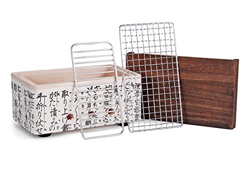 Hinomaru Collection Japanese Tabletop Shichirin Konro Charcoal Grill With Wire Mesh Grill And Wooden Base Hibachi Style Yakiniku Grill (White Rectangular 9.75" X 6") #TOP2