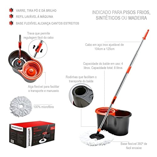 Mop Giratório Pró com Centrífuga em Inox alta performance Vermelho e Cinza - Powermaid