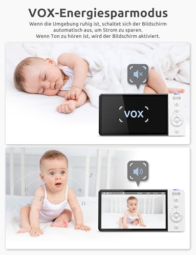 GHB Babyphone mit Kamera 5 Zoll HD 5000mAh IPS-Display 720P VOX-Modus 4X Zoom Nachtsicht Temperaturanzeige Zwei-Wege-Audio manuell drehbar