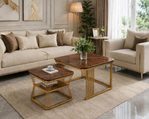 Image of Brown Art Shoppee Set of 2 Modern Coffee Tables with Marble Finish Top, Metal Frame, Nesting Center Table & End Table for Living Room Home Decor (Golden & Brown)