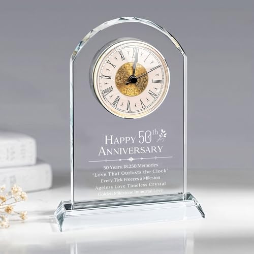 Gleecosy 50th Clock for Couples & Parents - Golden Wedding with Custom Engraving, Silent Quartz Desk Clock for 50 Year Milestone Decor