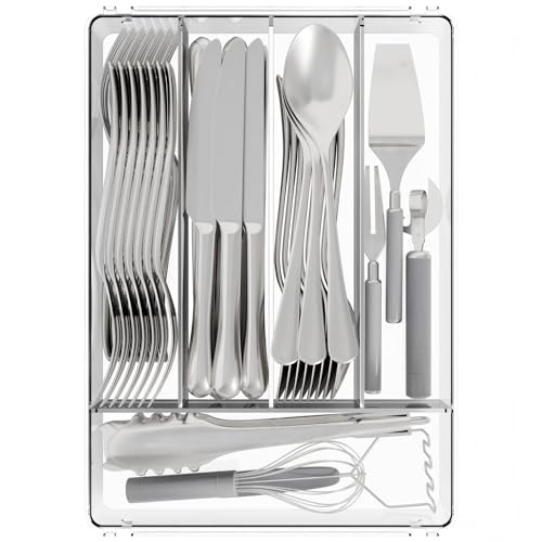 Yieach Clear Small Silverware Organizer 9 inch Wide for Kitchen Drawers,BPA Free Silverware Trays and Plastic Silverware Dividers & Holder,Utensil and Flatware Drawer Organizer Suitable for Fork,Spoon