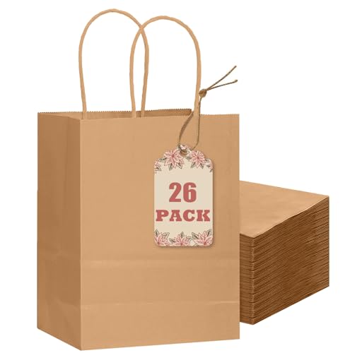 qiqee 26-Packs Brown Gift Bags with Handles Bulk 8.3x3x 6 Small Size Kraft Paper Bags Multiple Uses (Small Size)