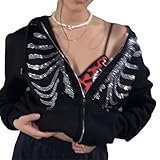 ANKOMINA Women's Rhinestone Skeleton Hoodies Zip Up Sweatshirts Y2K Long Sleeve Skull Jacket Pullover Tops Black