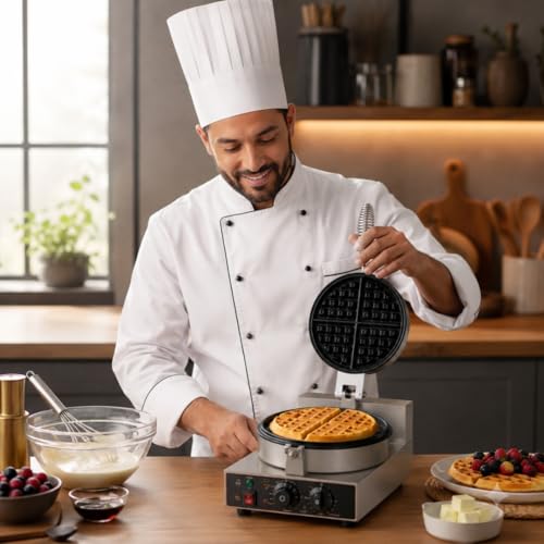 Image of Modern India Kitchenware Commercial Electric Waffle Maker Machine with Non-Stick Plate, Stainless Steel Belgian Waffle Baker for Cafe, Restaurant & Bakery