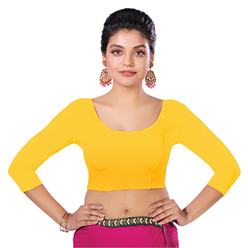 Image of Abhi Cotton Readymade Saree Blouse for Women- 3 /4 Sleeve, Round Neck, Regular-fit, Stretchable, Pull-on Style