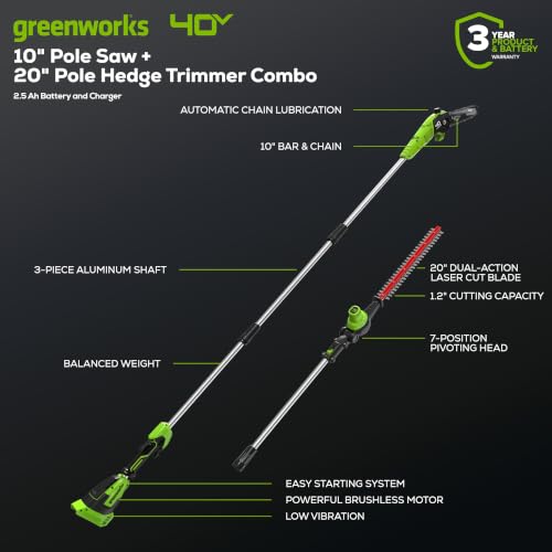 Image of Bundle of Greenworks 40V 8-inch Cordless Pole Saw with Hedge Trimmer Attachment 2.0Ah Battery and Charger Included + Greenworks 40V 5.0Ah Lithium-Ion Battery