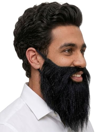 Image of BookMyCostume Black Fake Beard & Moustache Set for Teens & Adults | Pirate & Young Man Costume Beard with Elastic String | Fancy Dress Prop for Acting, Stage Play, School Functions & Halloween