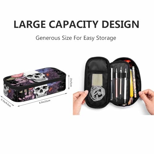 Image of Yekiua Skull Flowers Pen Bag Vintage Day Of The Dead Large Pencil Case Big Capacity Pencil Pouch Pencil Holder White Black