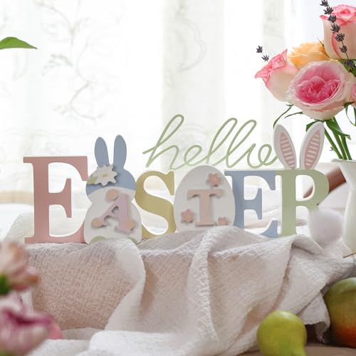 NIKKY HOME Wooden Easter Bunny Sign, Easter Decor for Table, Cute Rabbit Shaped Holiday Decor, Bunny Decorations Centerpiece for Home Mantel Shelf Decorations