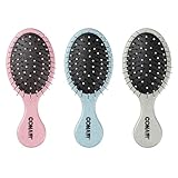 Conair Detangling Mini Hair Brush Set, 3-Pack Detangler Brushes for Wet or Dry Hair, Gentle Detangler for All Hair Types, Hair Brushes for Women and girls. gifts for her, Silver, Blue, Pink