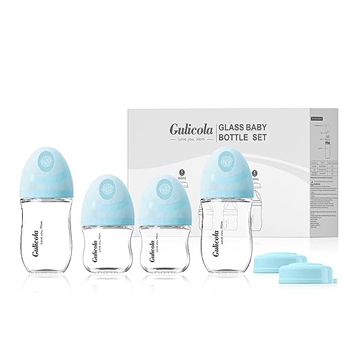 Image of Gulicola Natural Glass Baby Bottle Newborn Gift Set, 3 oz and 5 oz with Extra Slow Flow & Slow Flow Nipple, 0-3 Months, 4 Pack, Blue, Boy