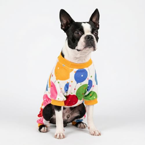 Image of Fitwarm Balloon Dog Fleece Pajamas, Birthday Outfit for Small Dogs Boy Girl, Cozy Pet Onesie with Feet, White, Yellow, Red, Blue, Green, Medium