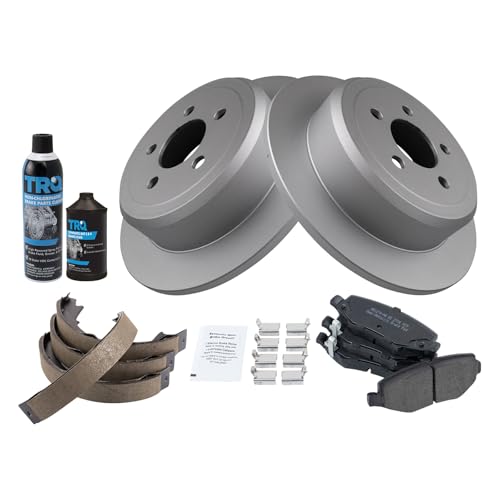 Image of TRQ Rear Brake Pad & Rotor Kit, with Chemical Kit Parking Brake Shoe Set Semi-Metallic Compatible with 2007-2011 Dodge Nitro 2008-2012 Jeep Liberty
