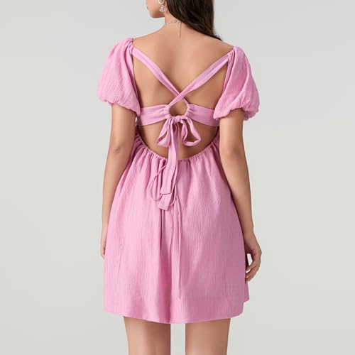 Image of Women Y2k Puff Sleeve Babydoll Dresses Square Neck Tie Back Mini Dress Summer Solid Off Shoulder Flowy Sundress