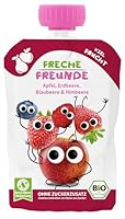 FRECHE FREUNDE Bio Quetschie Apfel, Erdbeere, Blaubeere & Himbeere, Fruchtmus im Quetschbeutel für Babys ab dem 6. Monat, glutenfrei & vegan, 6-er Pack (6 x 100g)